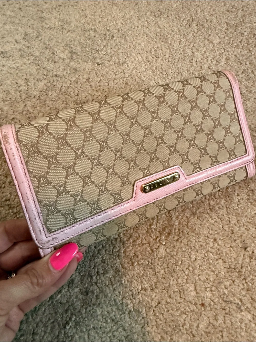 CELINE Macadam Monogram Long Wallet Pink Trim
